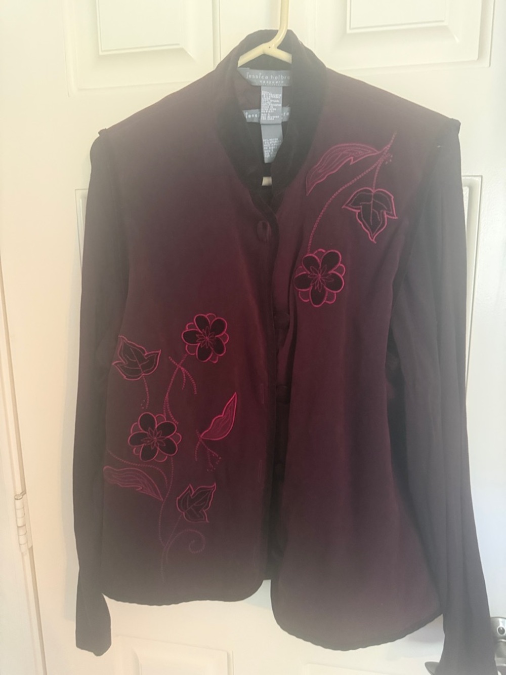 Women's Wine Embroidered Blazer with Pink Floral Detail